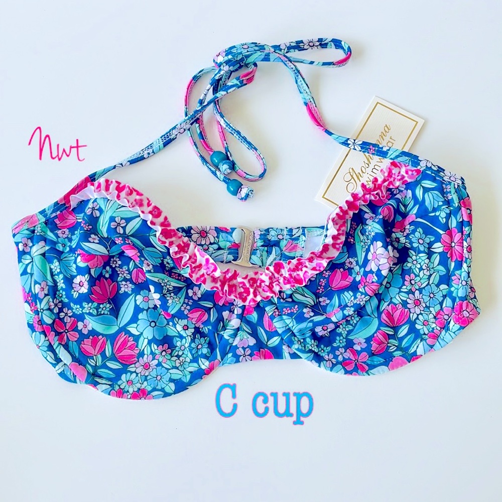 Shoshanna pink teal floral ruffle trim bikini top NWT C cup silver hardware bead